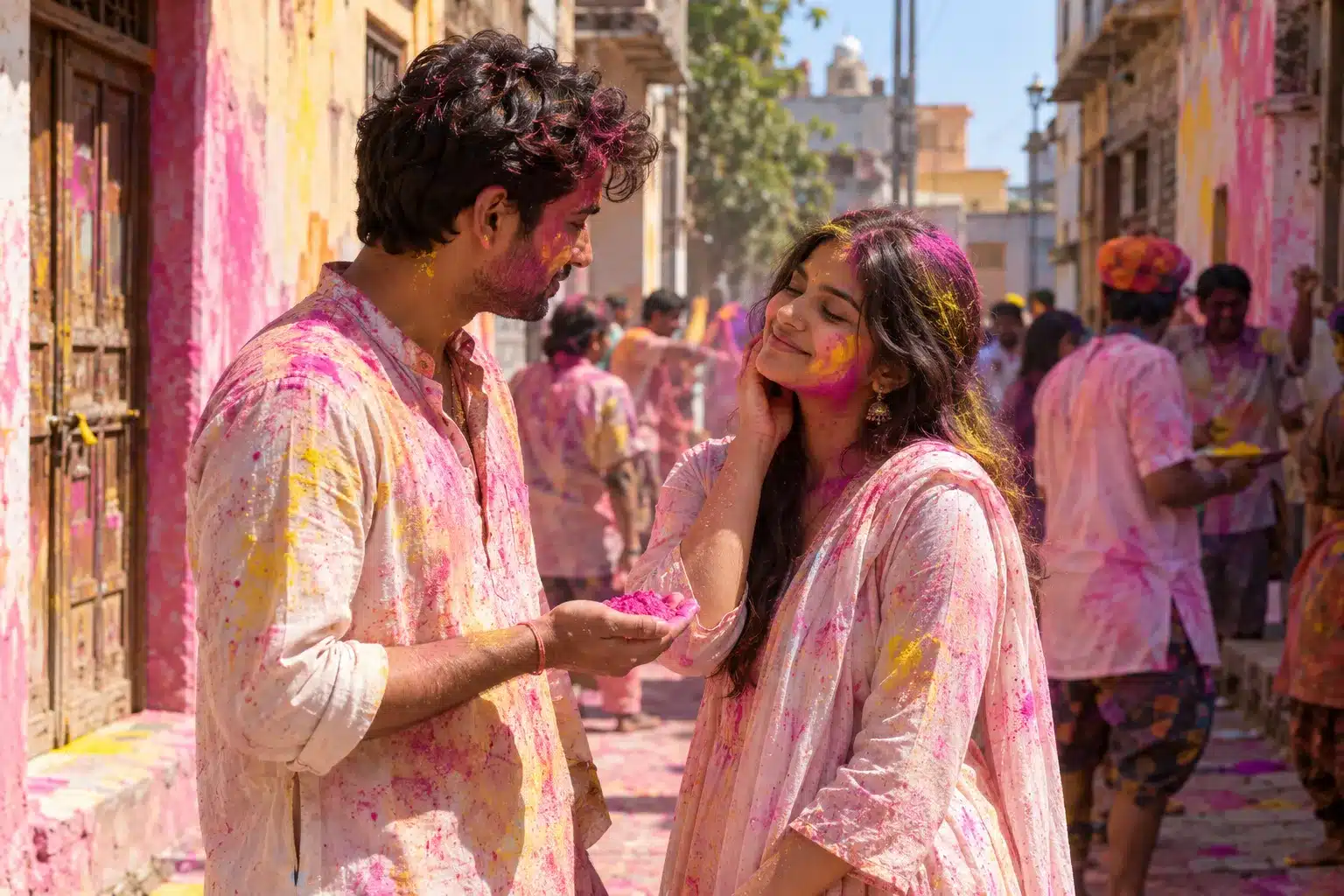 Two friends at Holi, one holding out coloured powder and asking before applying it