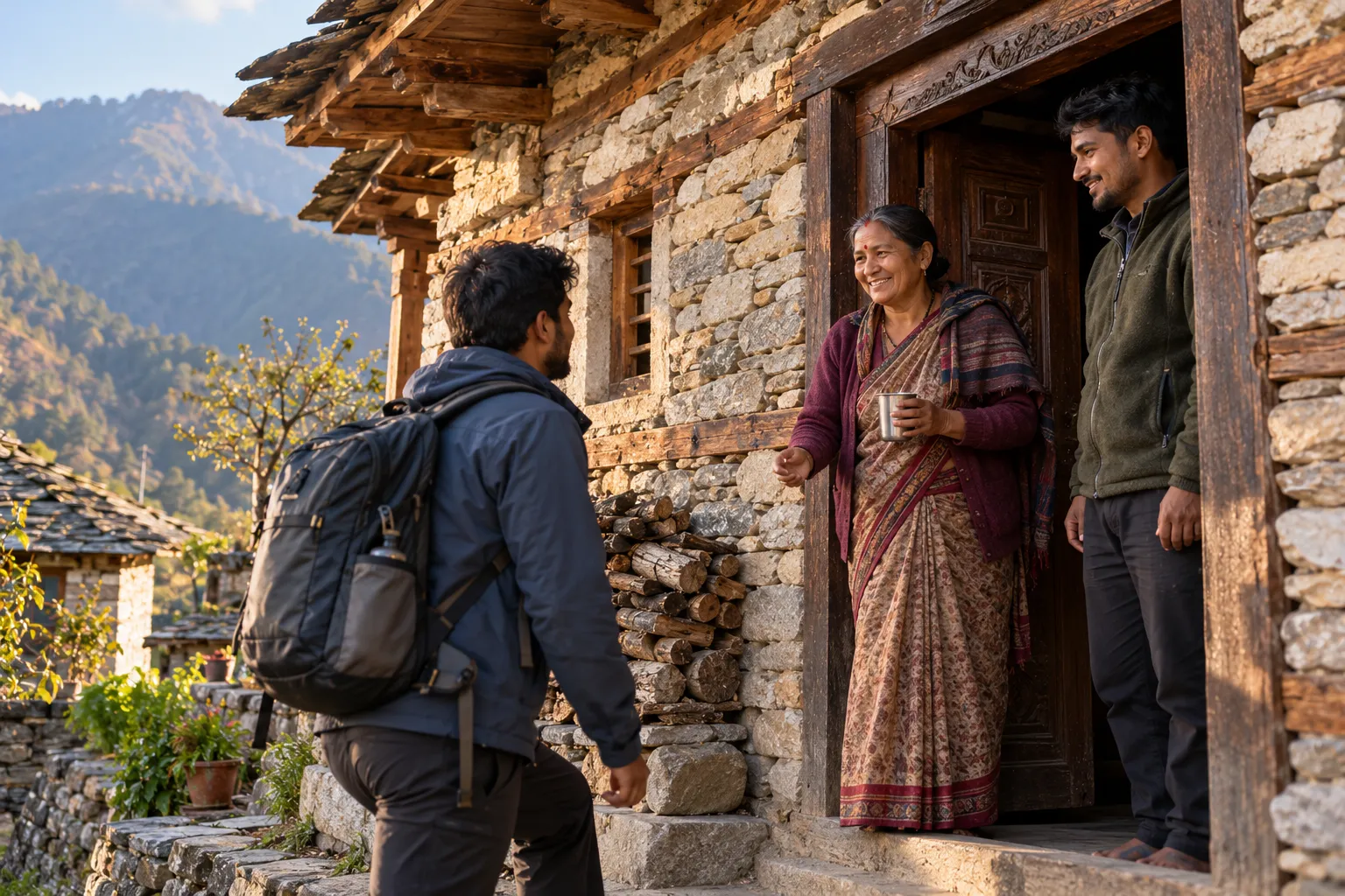 A host couple greets a young traveller at the wooden door of their stone house in a Garhwal village