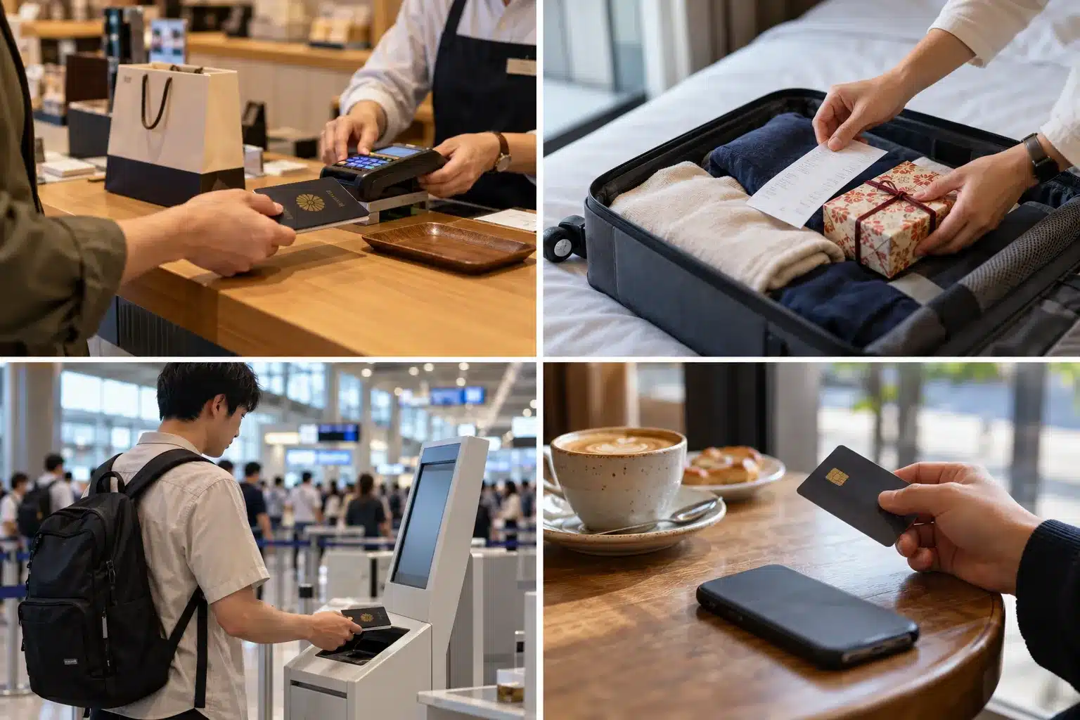 Four annotated photo steps of Japan’s tax refund: pay at the shop, keep receipts, airport customs check, refund