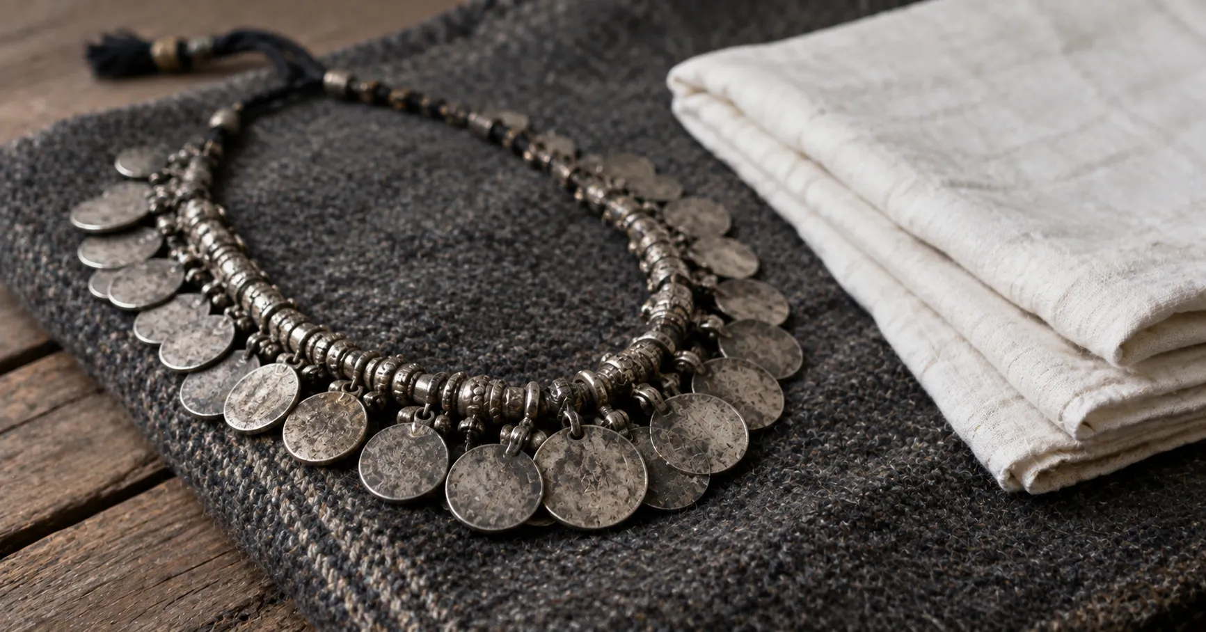 Old silver coin necklace and folded white turban cloth on a dark woollen blanket