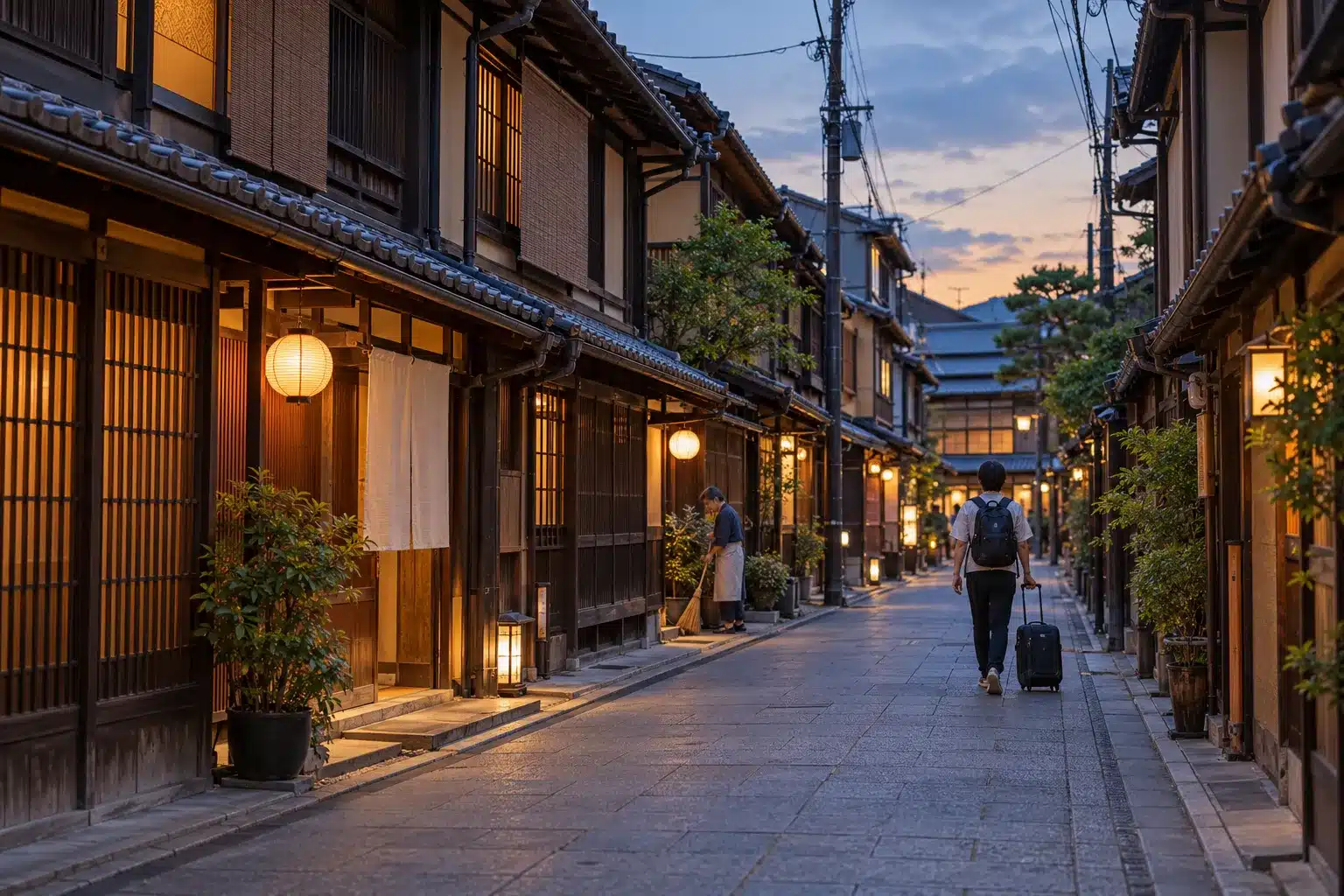 Evening light on a narrow Kyoto lane of dark wooden townhouses with lattice windows and short entrance curtains