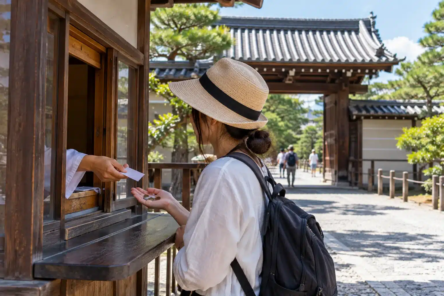 A visitor holds out coins at a wooden admission window beside a Kyoto temple gate