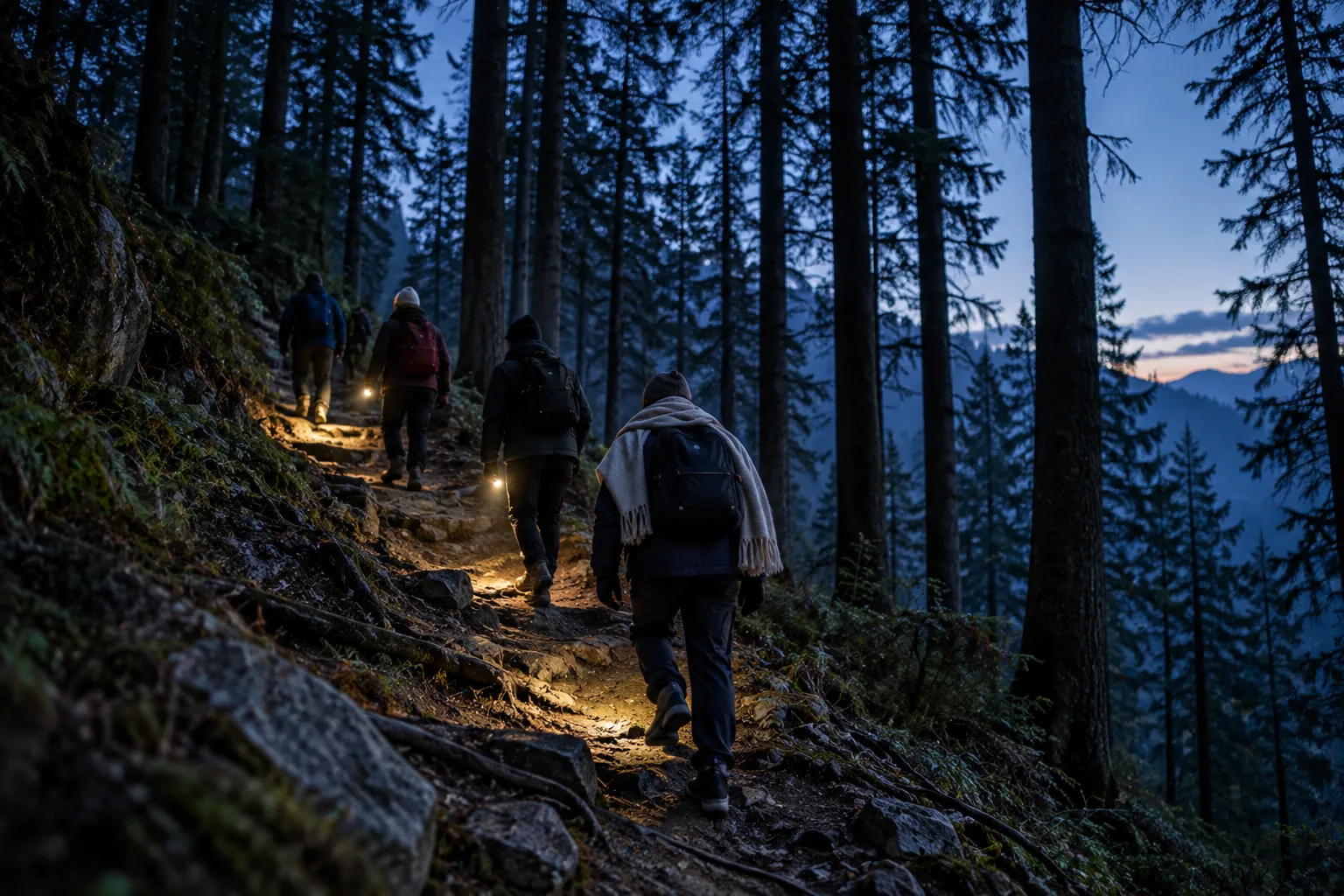 Small group in warm clothes walking uphill with torches on a conifer forest path before sunrise