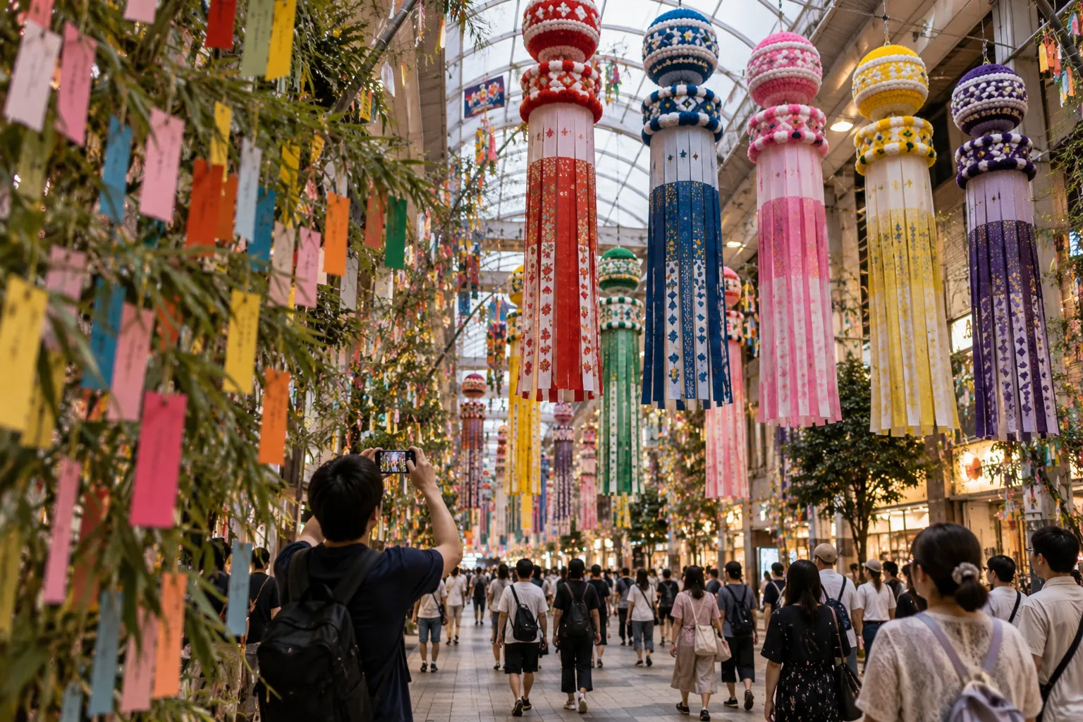 Visitors walk under colorful paper streamers in a Sendai shopping arcade during Tanabata, with wish strips on bamboo