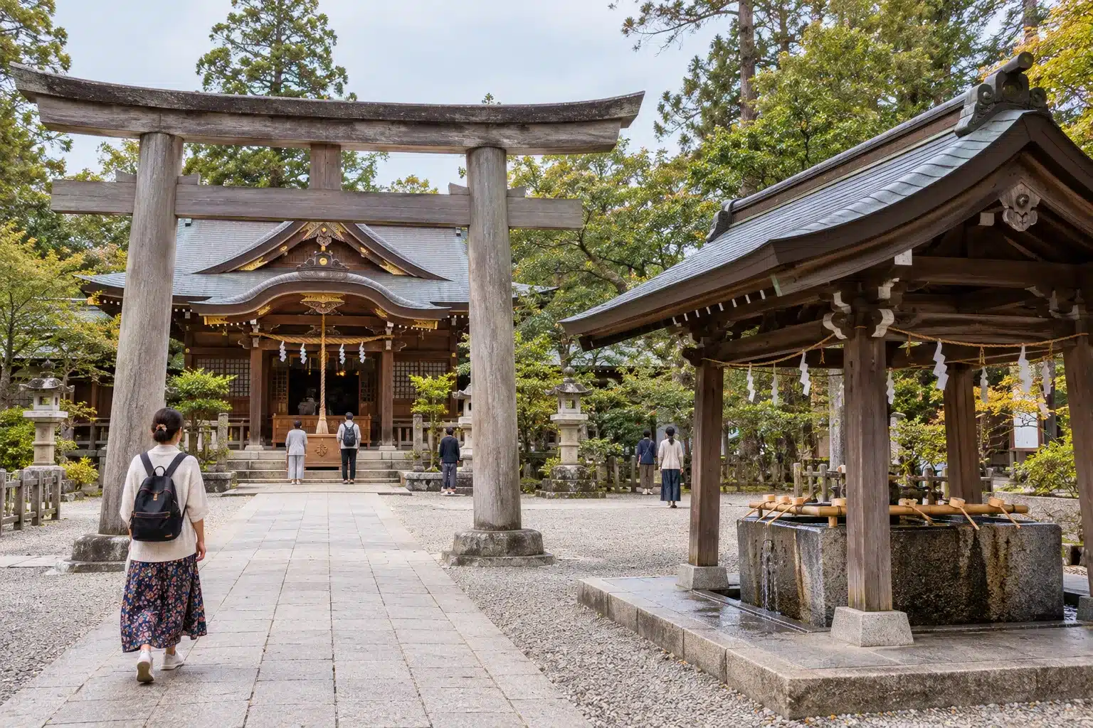 Annotated photo of a Shinto shrine approach showing the torii gate, water basin, offering box and bell