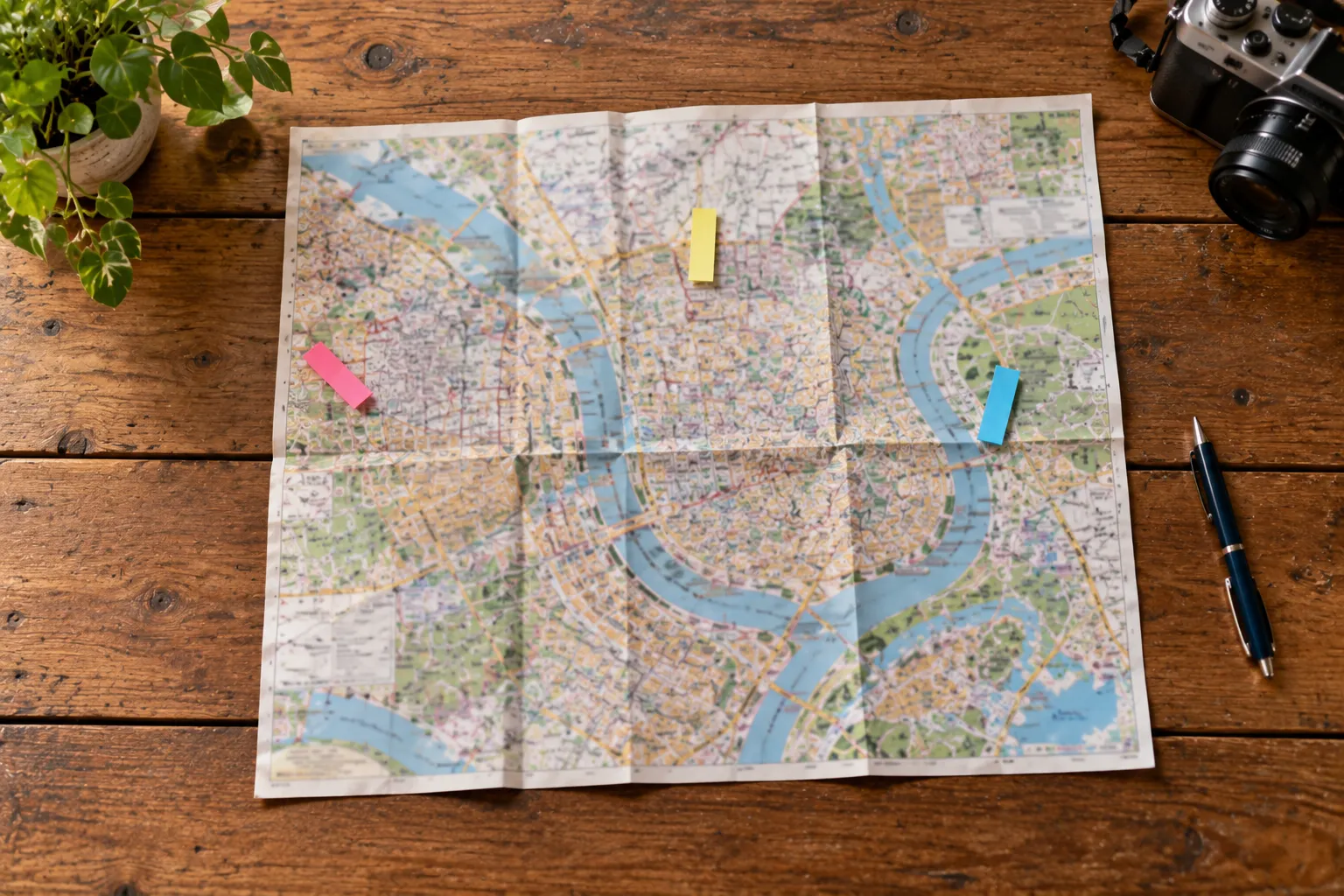 Annotated paper city map with three tabs marking Day 1, Day 2 and Day 3 of a heritage trip plan