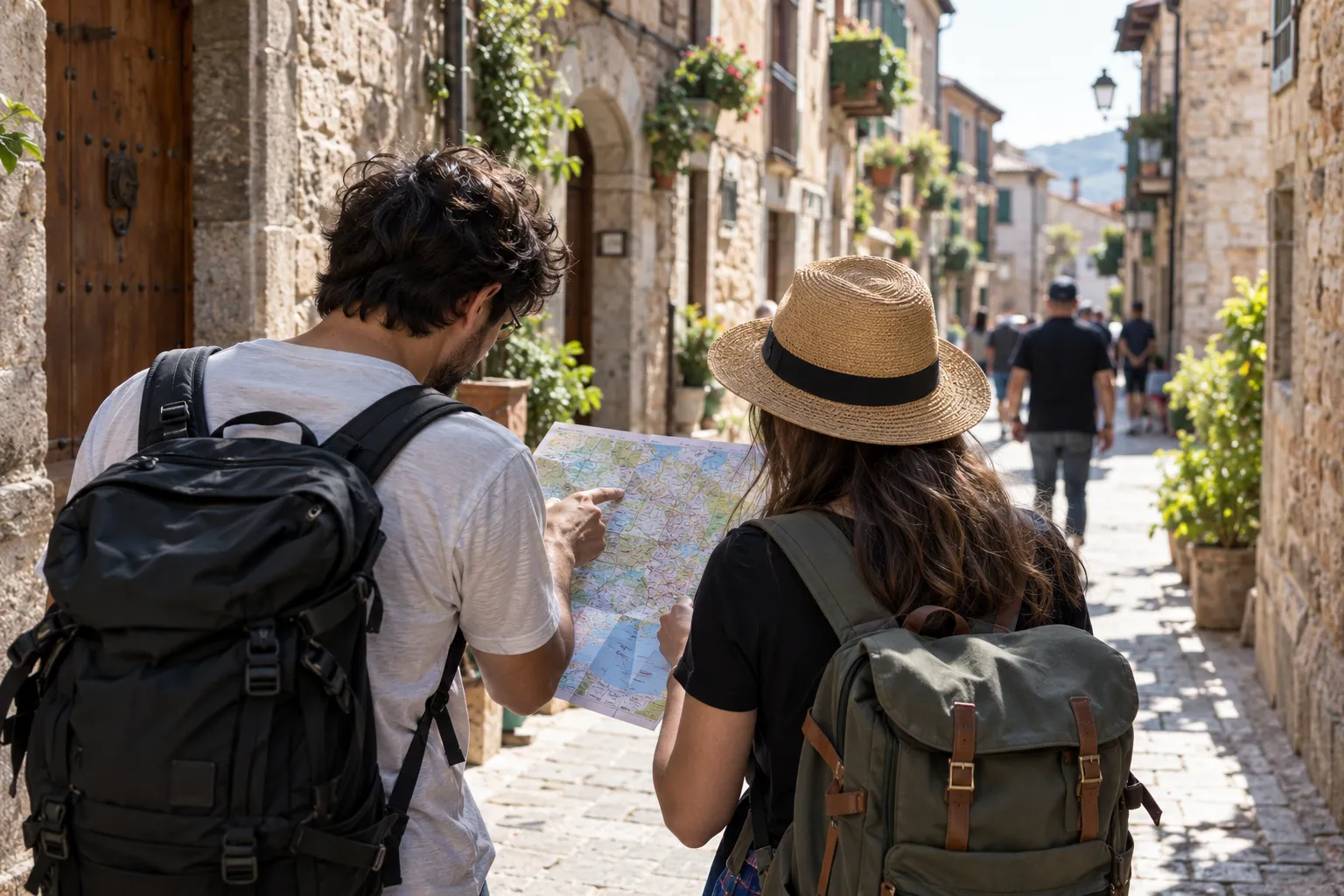 Two travellers seen from behind studying a paper map in a narrow lane of an old heritage town